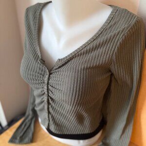 Cozie by Pink Rose Olive Green Long Sleeve Scrunched V-Neck Henley Shirt